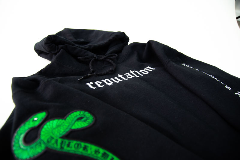 reputation taylors version hoodie with large snake patch, reputation title, and taylor's version on the sleeve