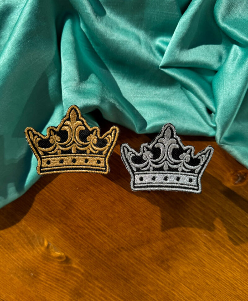 Glittery Crown Iron-on Patches | Gold Crown Patch | Silver Crown Patch | Trendy Iron-on Patches | Black Fabric Background