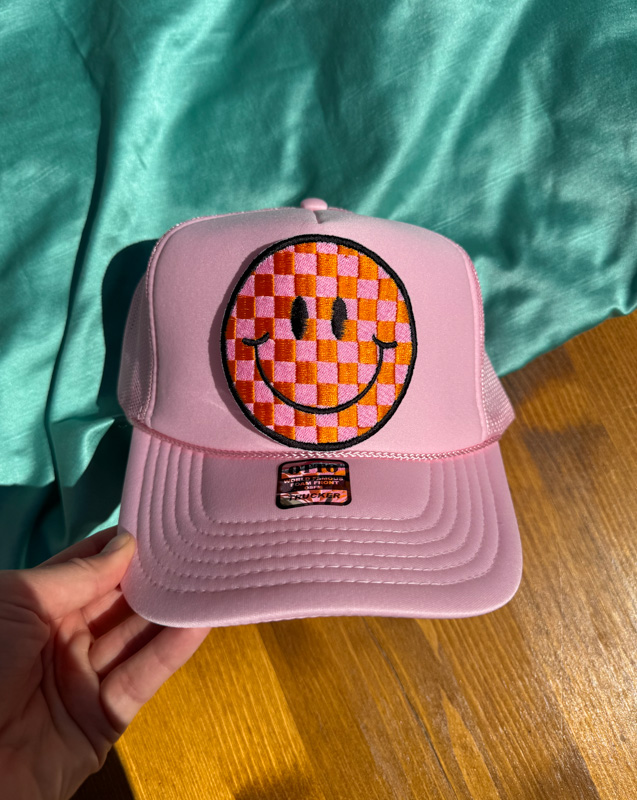Checkered Happy Face Large Iron-On Patch | Summer-themed Patch | Custom Colors | Trendy Patches | Summer Patch | Patch for Trucker Hat Bar