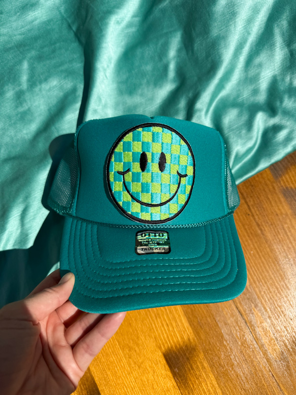 Checkered Happy Face Large Iron-On Patch | Summer-themed Patch | Custom Colors | Trendy Patches | Summer Patch | Patch for Trucker Hat Bar
