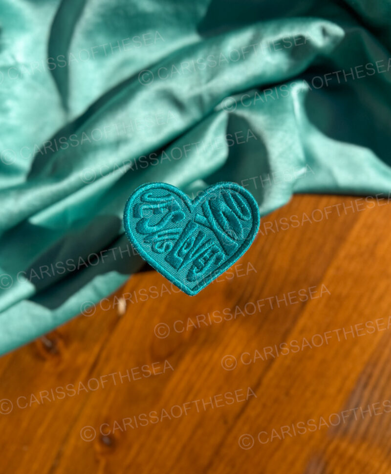 teal jesus loves you heart patch