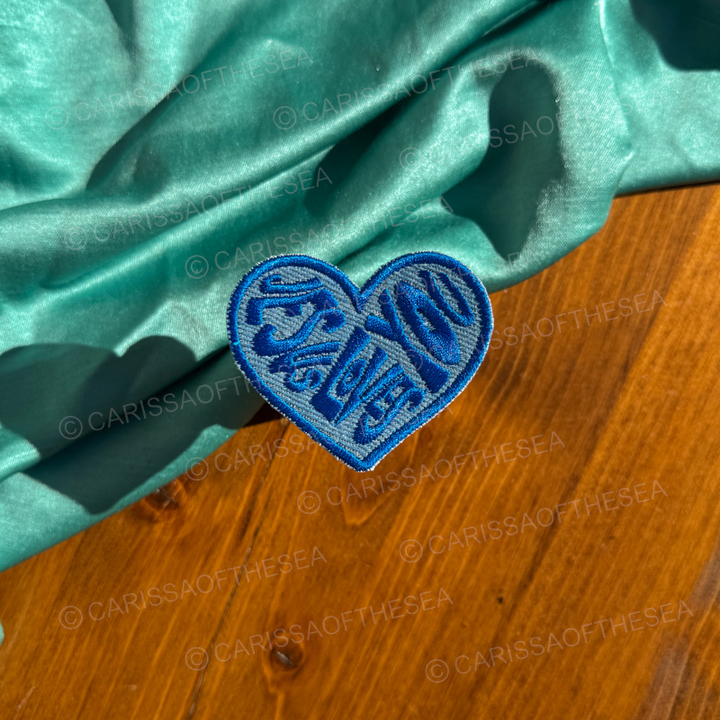 denim blue jesus loves you heart iron on patch
