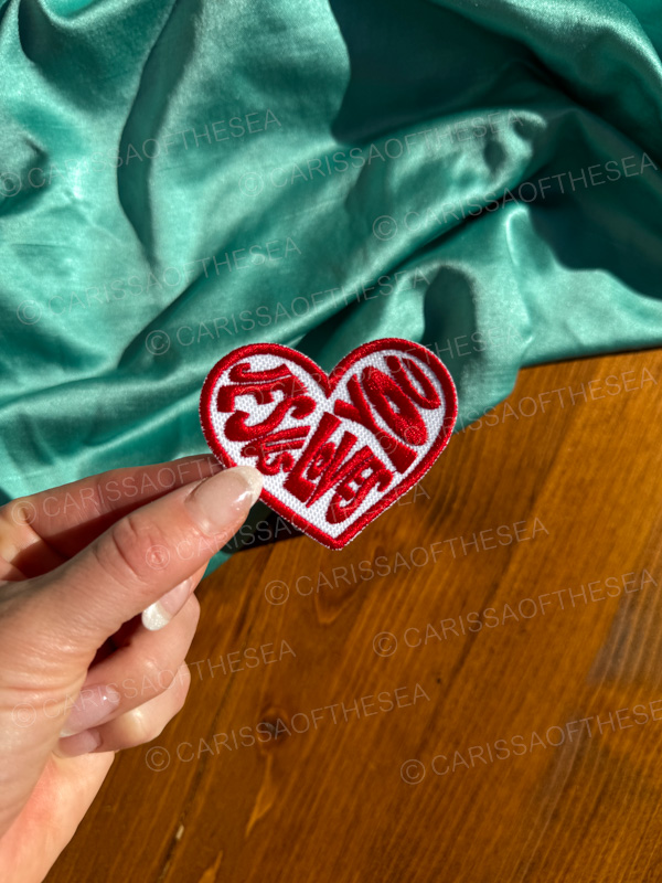 white & red jesus loves you iron on patch