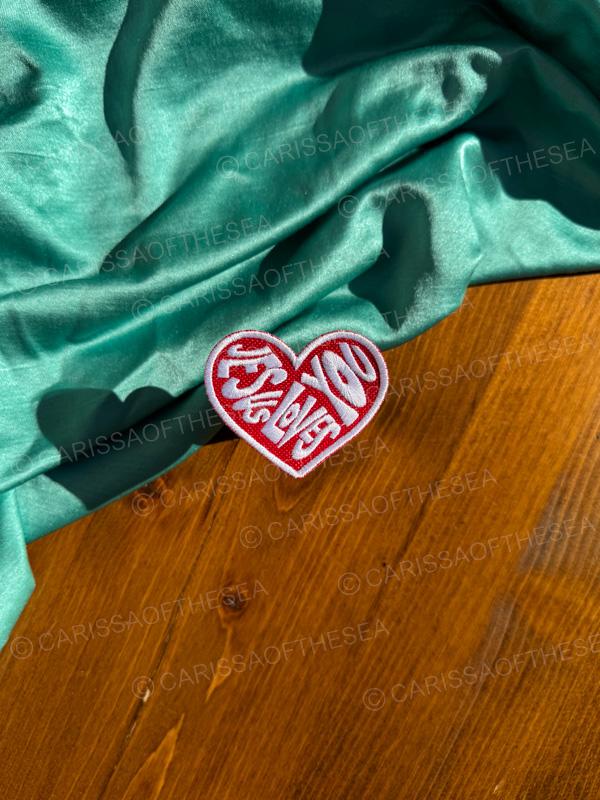 red & white jesus loves you heart iron on patch