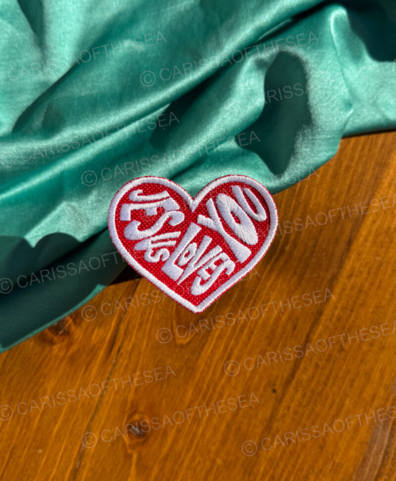 red & white jesus loves you heart iron on patch