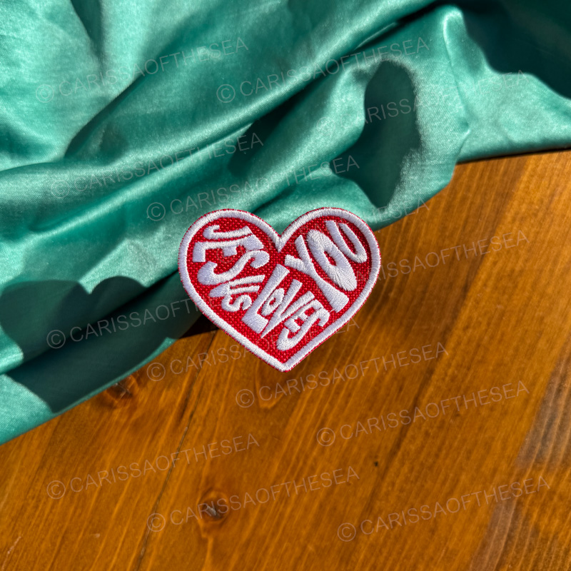 red & white jesus loves you heart iron on patch