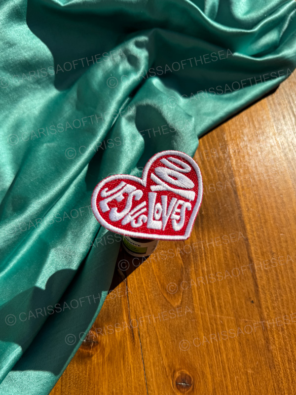 red & white jesus loves you heart iron on patch