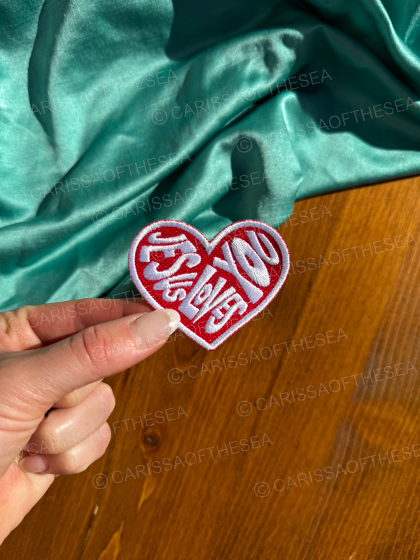 red & white jesus loves you heart iron on patch