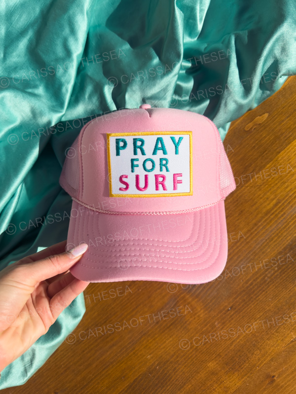 pray for surf pink or teal trucker hat