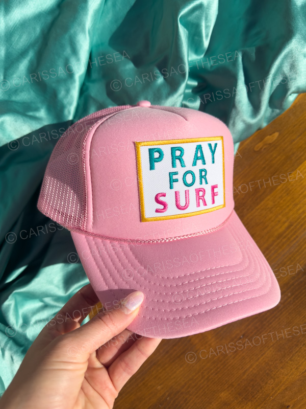 pray for surf pink or teal trucker hat