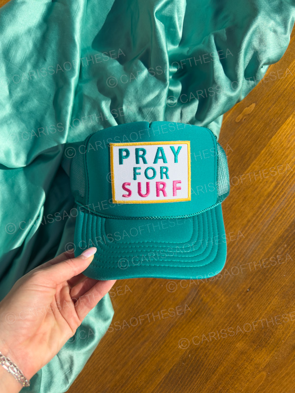 pray for surf pink or teal trucker hat