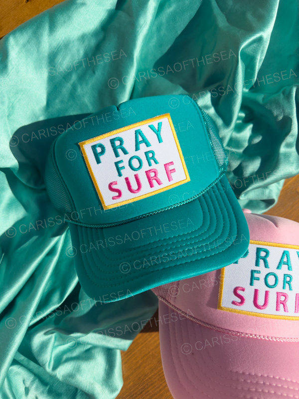 pray for surf pink or teal trucker hat