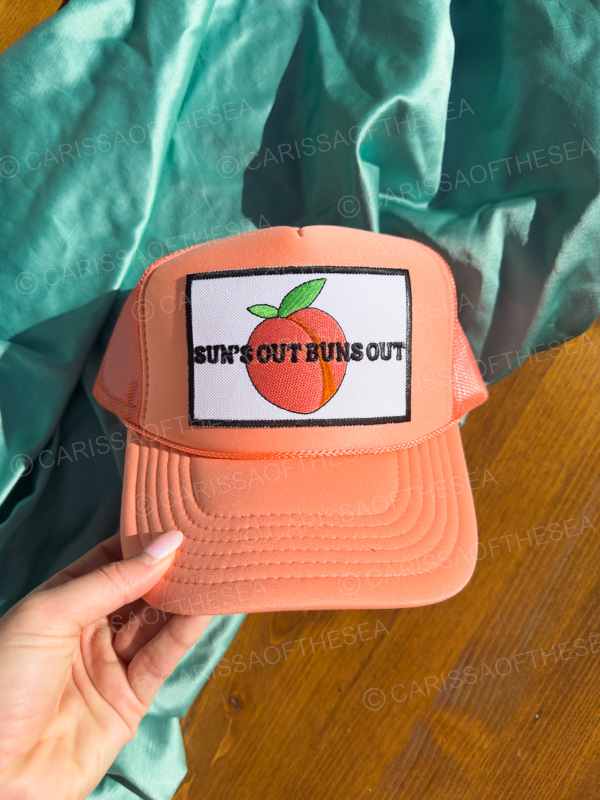suns out buns out coral or yellow trucker hat