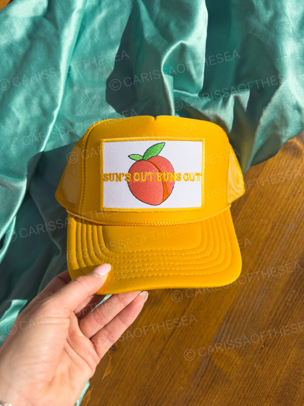 suns out buns out coral or yellow trucker hat