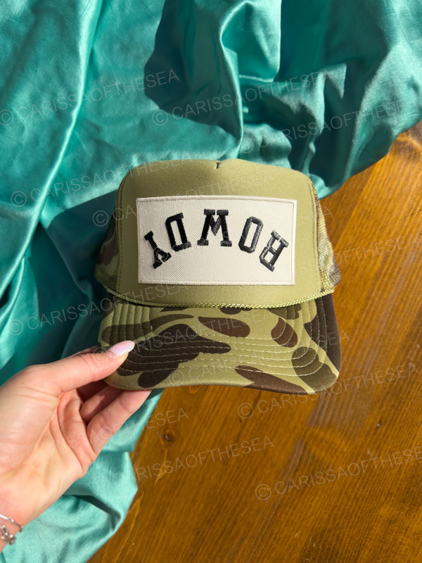 rowdy upside down hat patch camo trucker hat