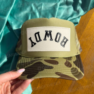 rowdy upside down hat patch camo trucker hat