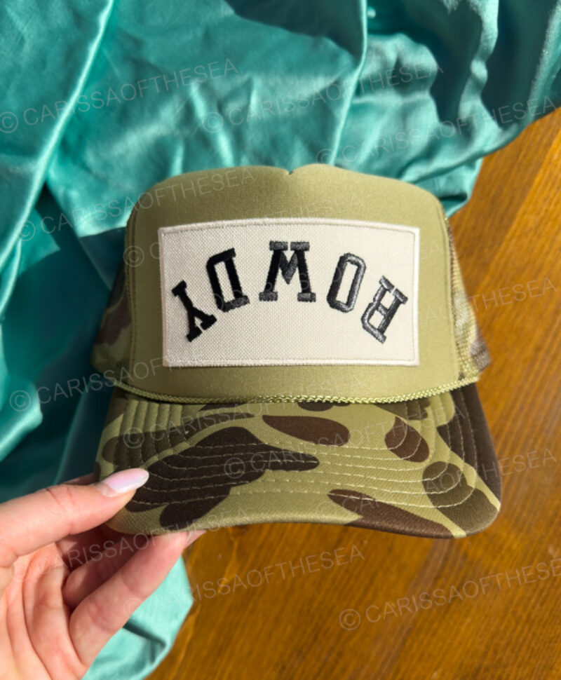 rowdy upside down hat patch camo trucker hat