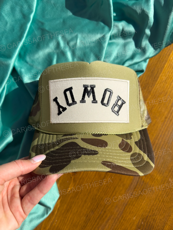 rowdy upside down hat patch camo trucker hat