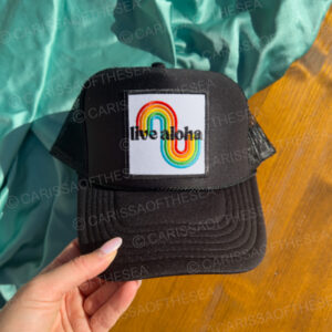 live aloha rainbow patch black trucker hat