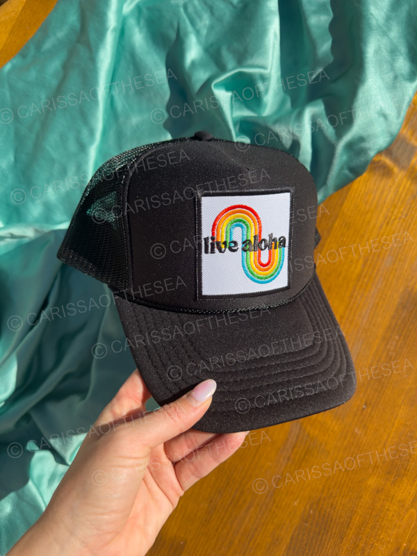 live aloha rainbow patch black trucker hat