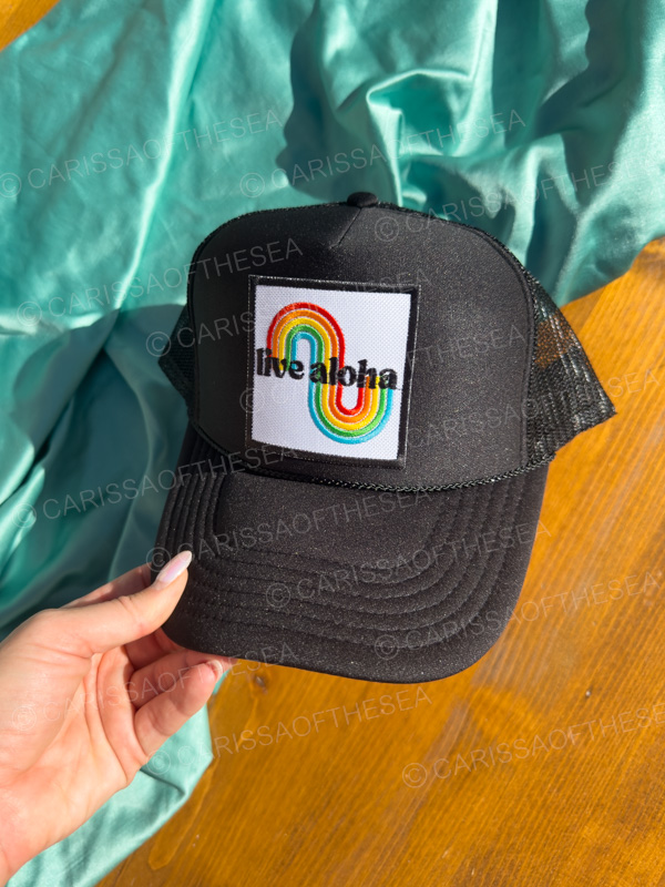 live aloha rainbow patch black trucker hat