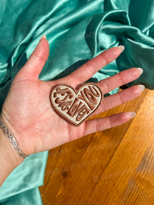 brown jesus loves you heart iron on patch