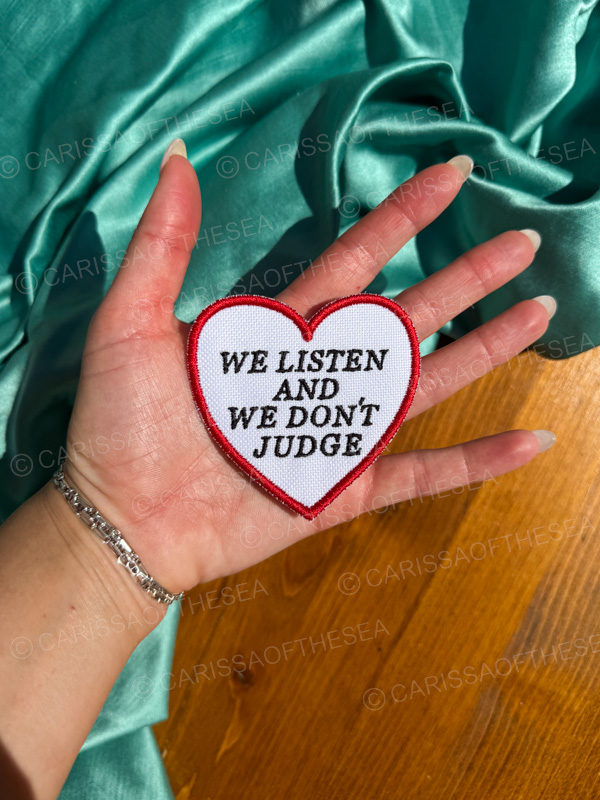 we listen and we don't judge heart iron on patch