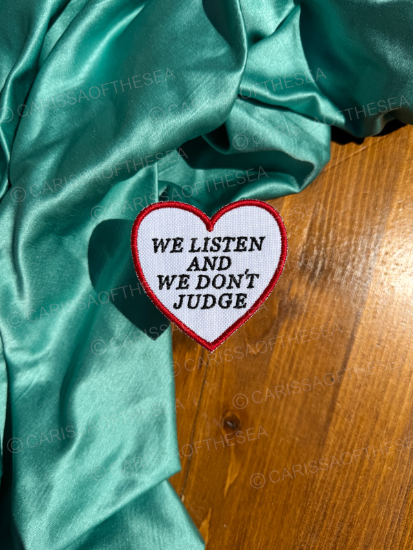 we listen and we don't judge heart iron on patch
