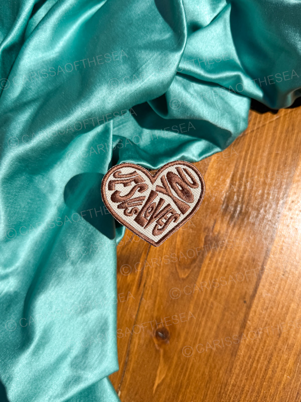 brown jesus loves you heart iron on patch