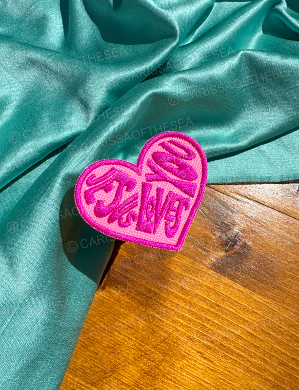 hot pink jesus loves you heart iron-on patch