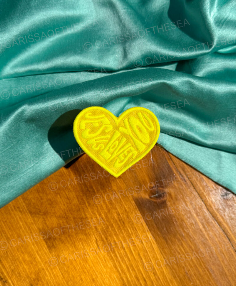 yellow jesus loves you heart iron on patch