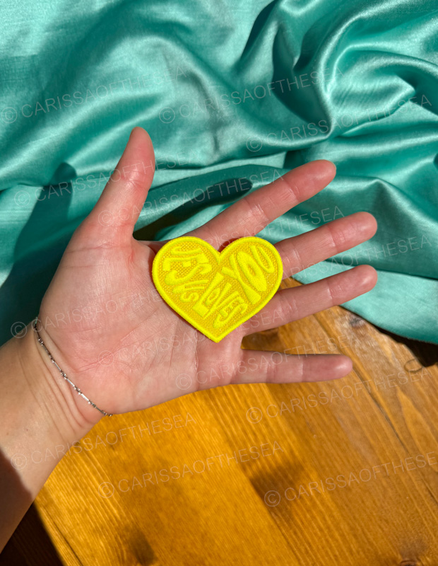 yellow jesus loves you heart iron on patch