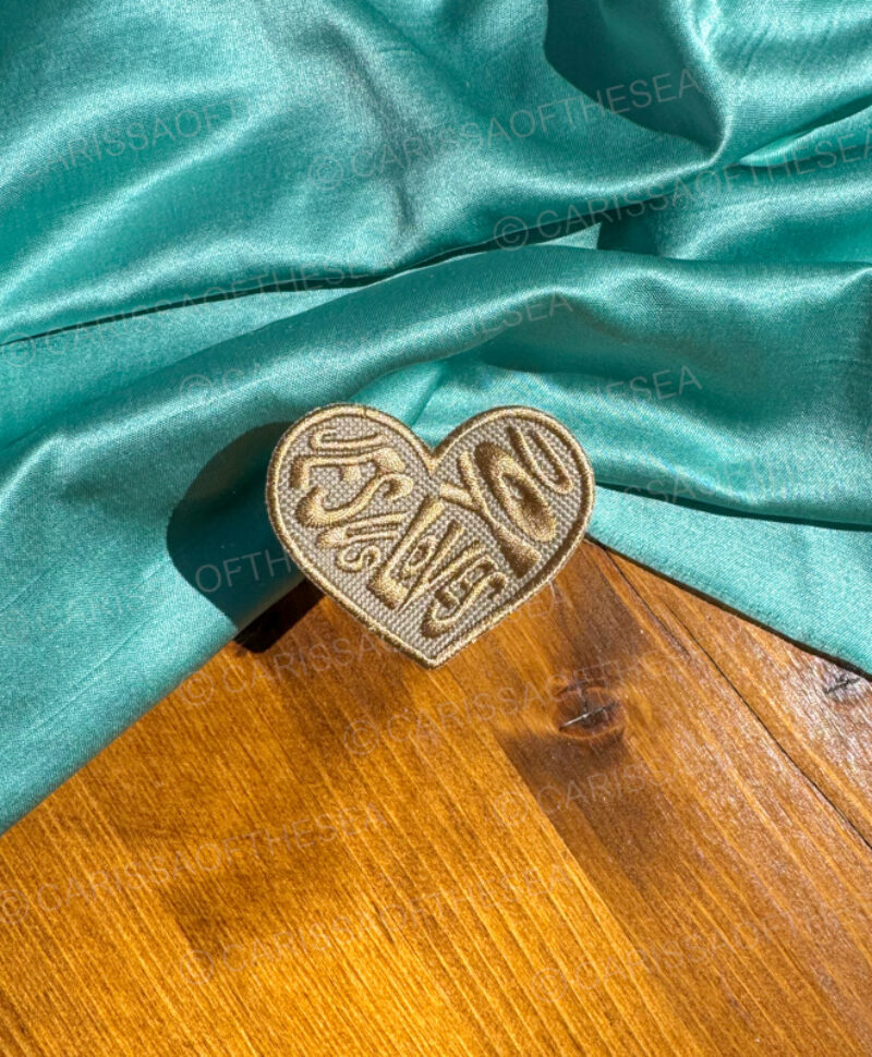 tan jesus loves you heart iron-on patch