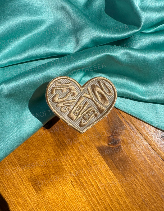 tan jesus loves you heart iron-on patch