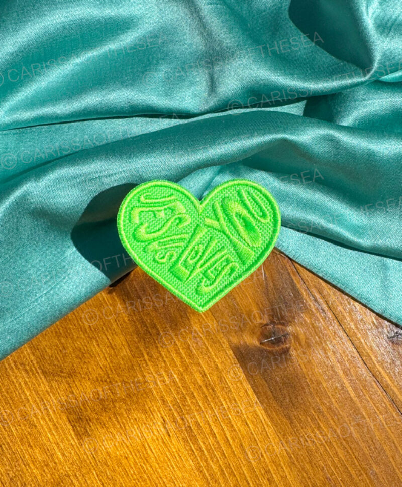lime green jesus loves you heart iron-on patch