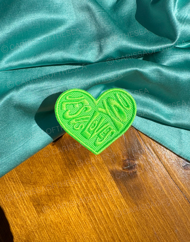 lime green jesus loves you heart iron-on patch