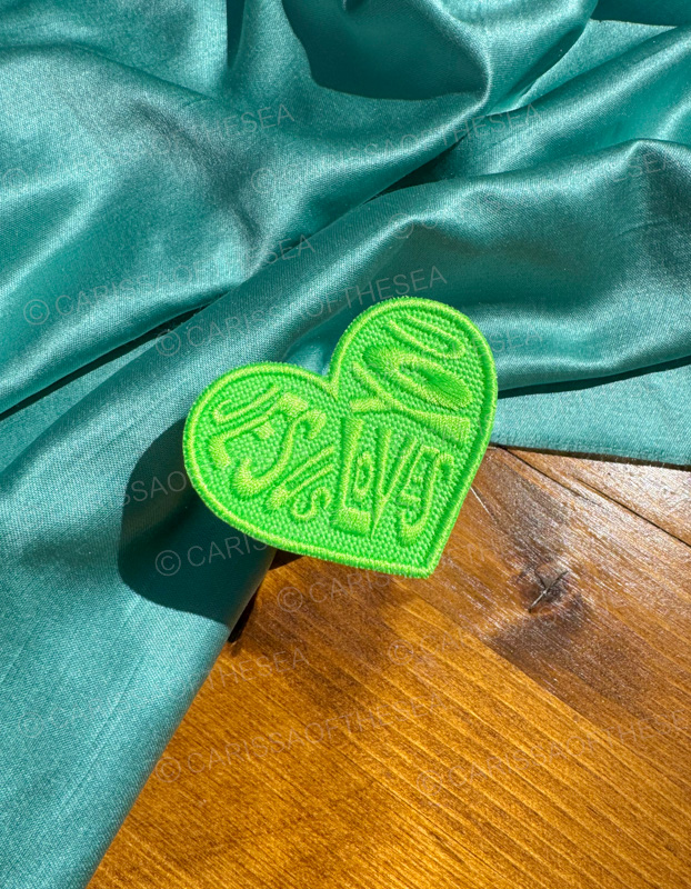 lime green jesus loves you heart iron-on patch