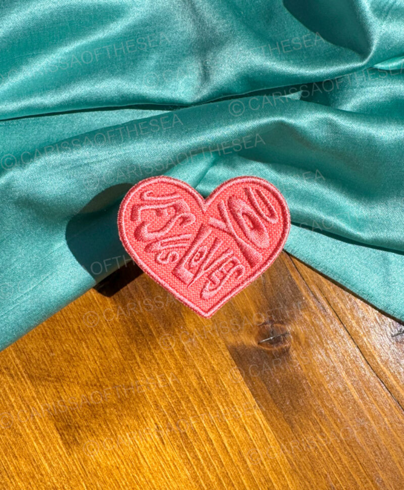 peach jesus loves you heart iron on patch