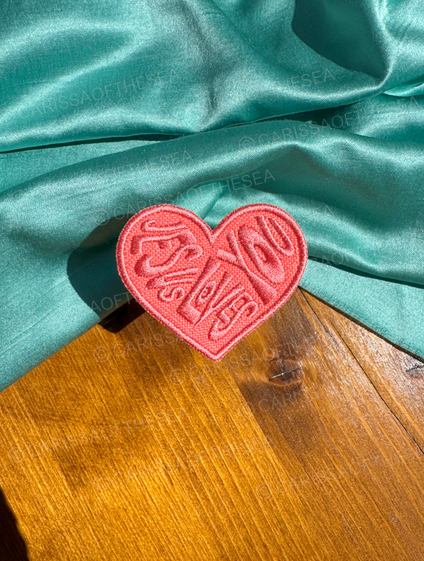 peach jesus loves you heart iron on patch