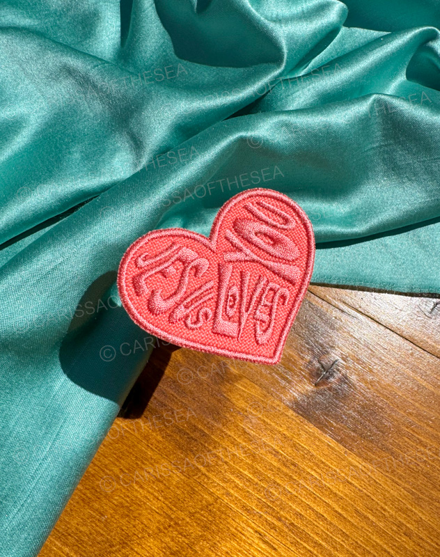 peach jesus loves you heart iron on patch