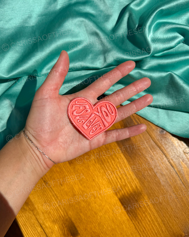 peach jesus loves you heart iron on patch