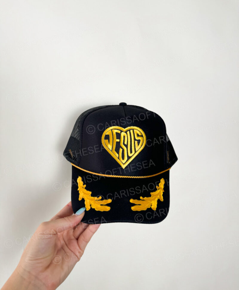 jesus heart black gold leave trucker hat
