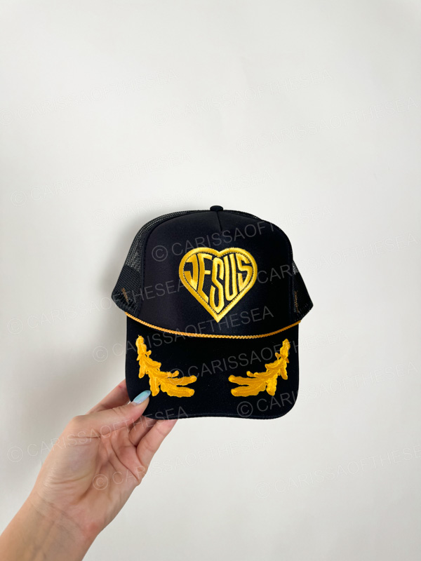 jesus heart black gold leave trucker hat