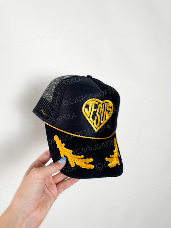 jesus heart black gold leave trucker hat