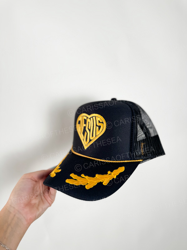 jesus heart black gold leave trucker hat